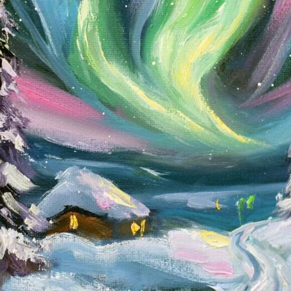 Original Painting of Northern Lights on Canvas 10x10" Wall Art Oil Painting - Picture 7 of 11